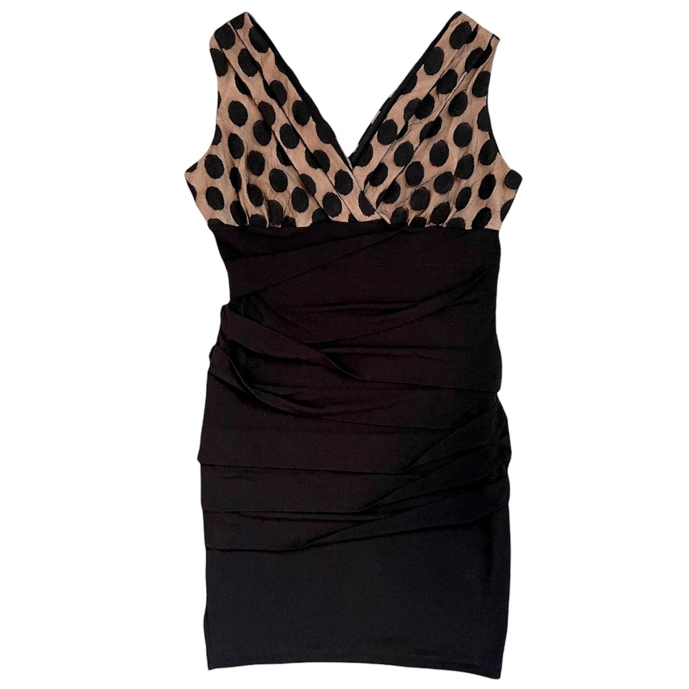 3/15 💚 Saint Tropez West Sleeveless Cocktail Dress Ruched V-Neck w Polka Dots
